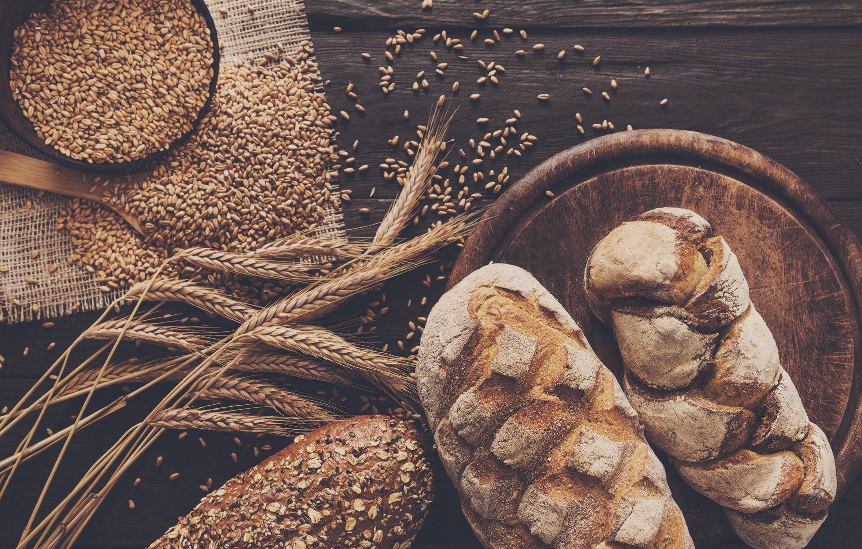 Bread bakery background. Brown and white wheat grain loaves composition